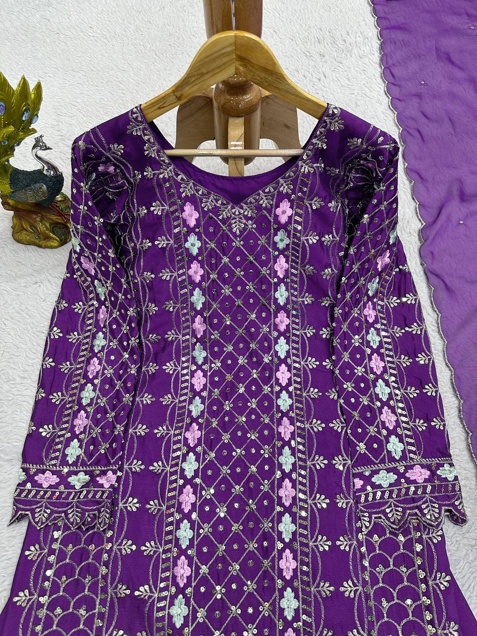 Trendy Purple Color Chinnon Silk Sequence Work Ready Made Salwar Suit