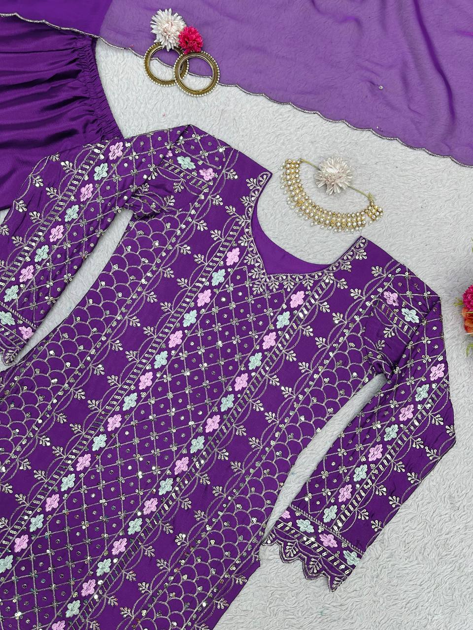 Trendy Purple Color Chinnon Silk Sequence Work Ready Made Salwar Suit