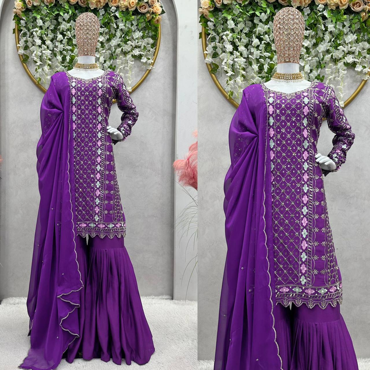 Trendy Purple Color Chinnon Silk Sequence Work Ready Made Salwar Suit