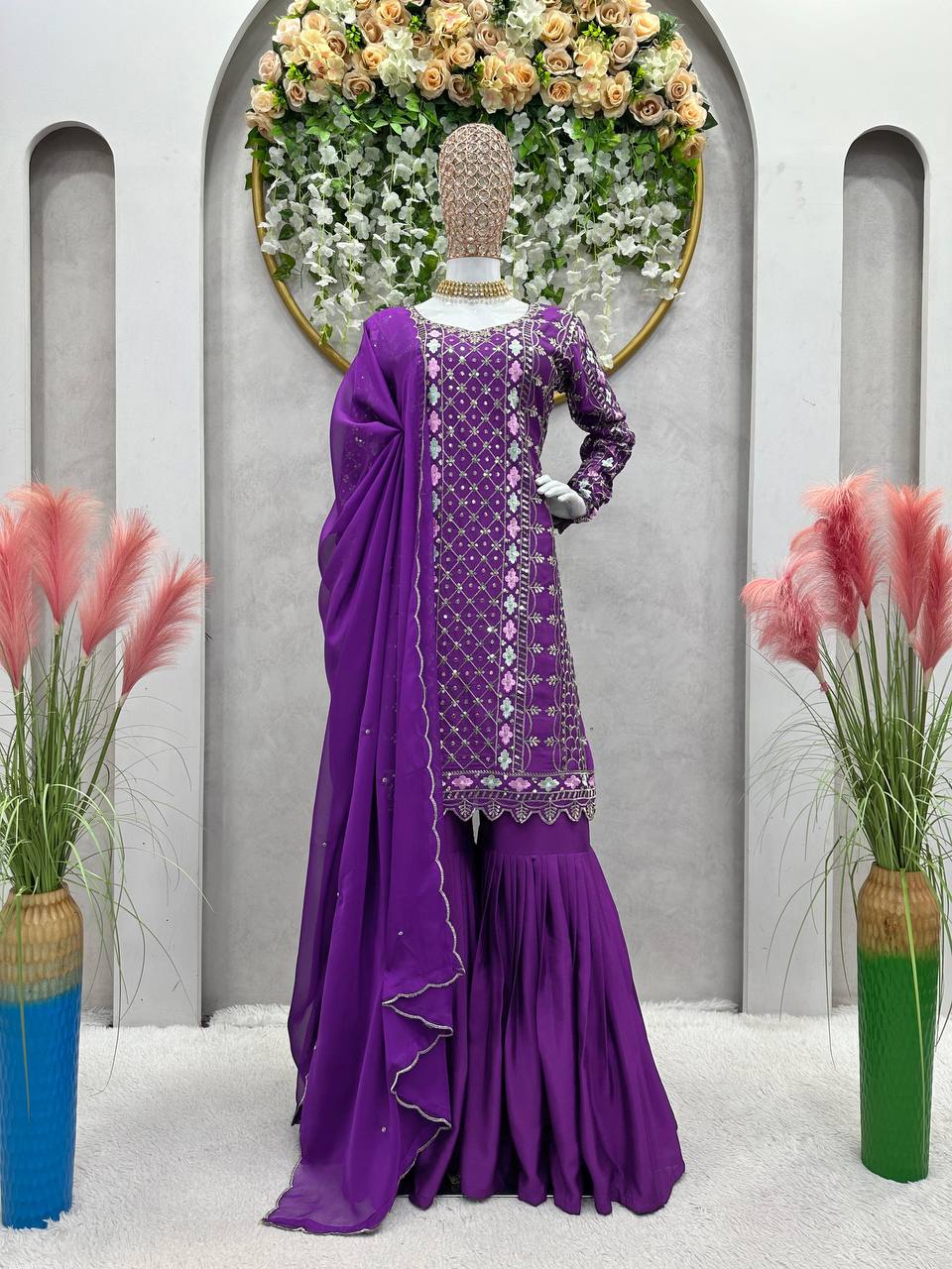 Trendy Purple Color Chinnon Silk Sequence Work Ready Made Salwar Suit