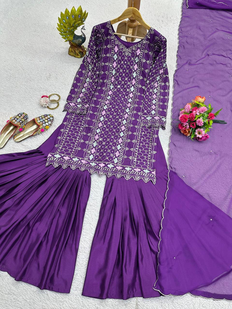 Trendy Purple Color Chinnon Silk Sequence Work Ready Made Salwar Suit