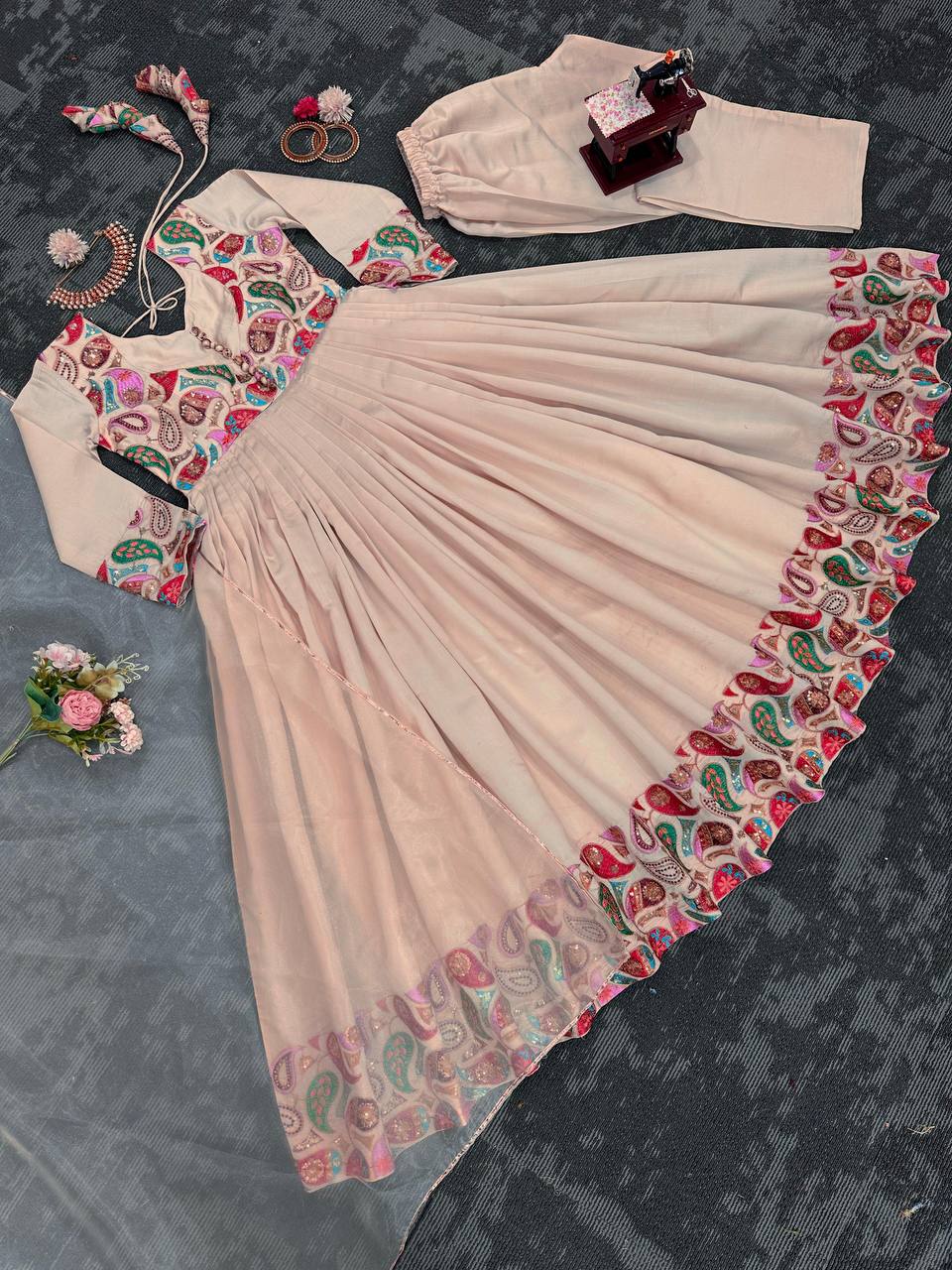 Beige Color Sequence Thread Work Roman Silk Anarkali Suit