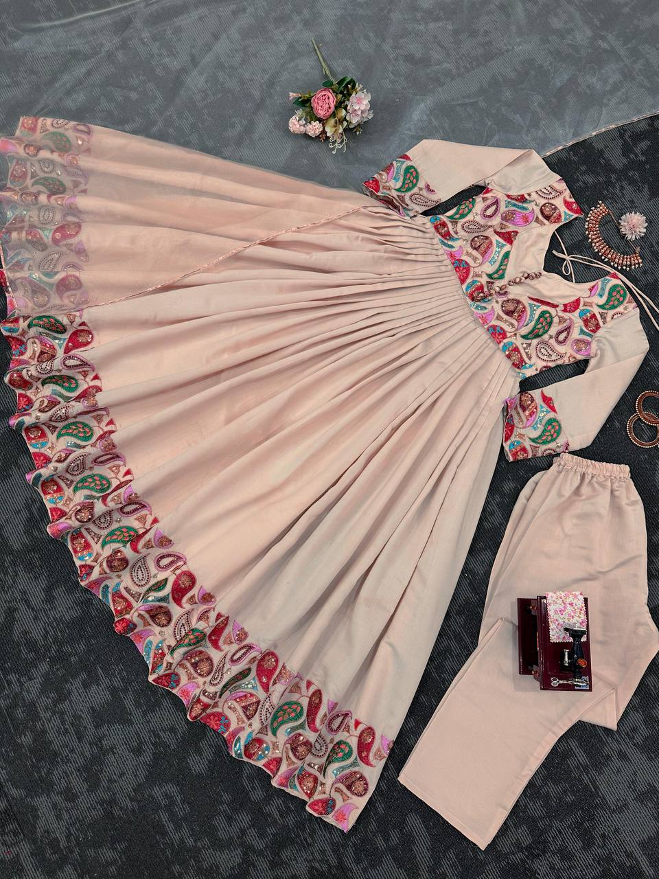 Beige Color Sequence Thread Work Roman Silk Anarkali Suit