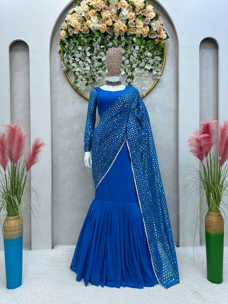 Party Wear Blue Color Georgette Sequence Thread Work Lehenga Saree