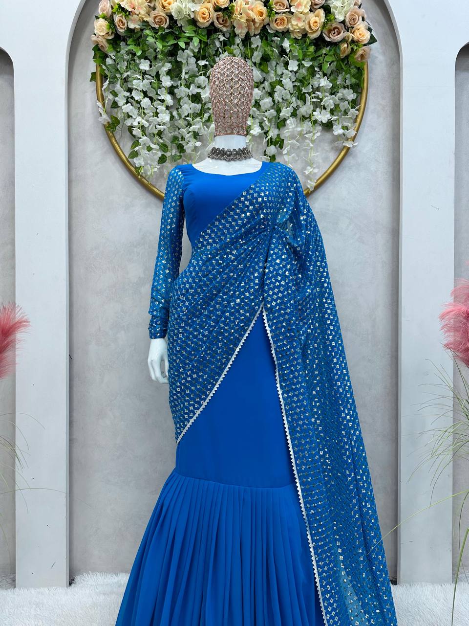 Party Wear Blue Color Georgette Sequence Thread Work Lehenga Saree