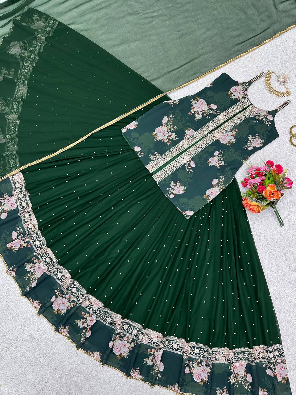 Party Wear Sequence Thread Work Georgette Indo Western Lehenga Suit