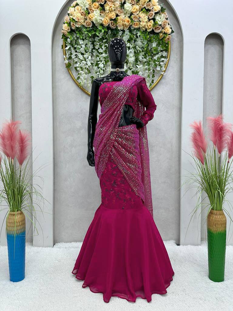 Party Wear Wine Color Sequence Thread Work Georgette Lehenga Saree