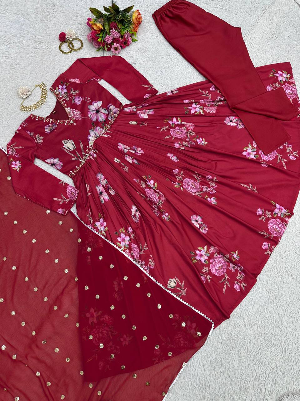 Amazing Red Color Hand Work Digital Printed Maslin Silk Salwar Suit