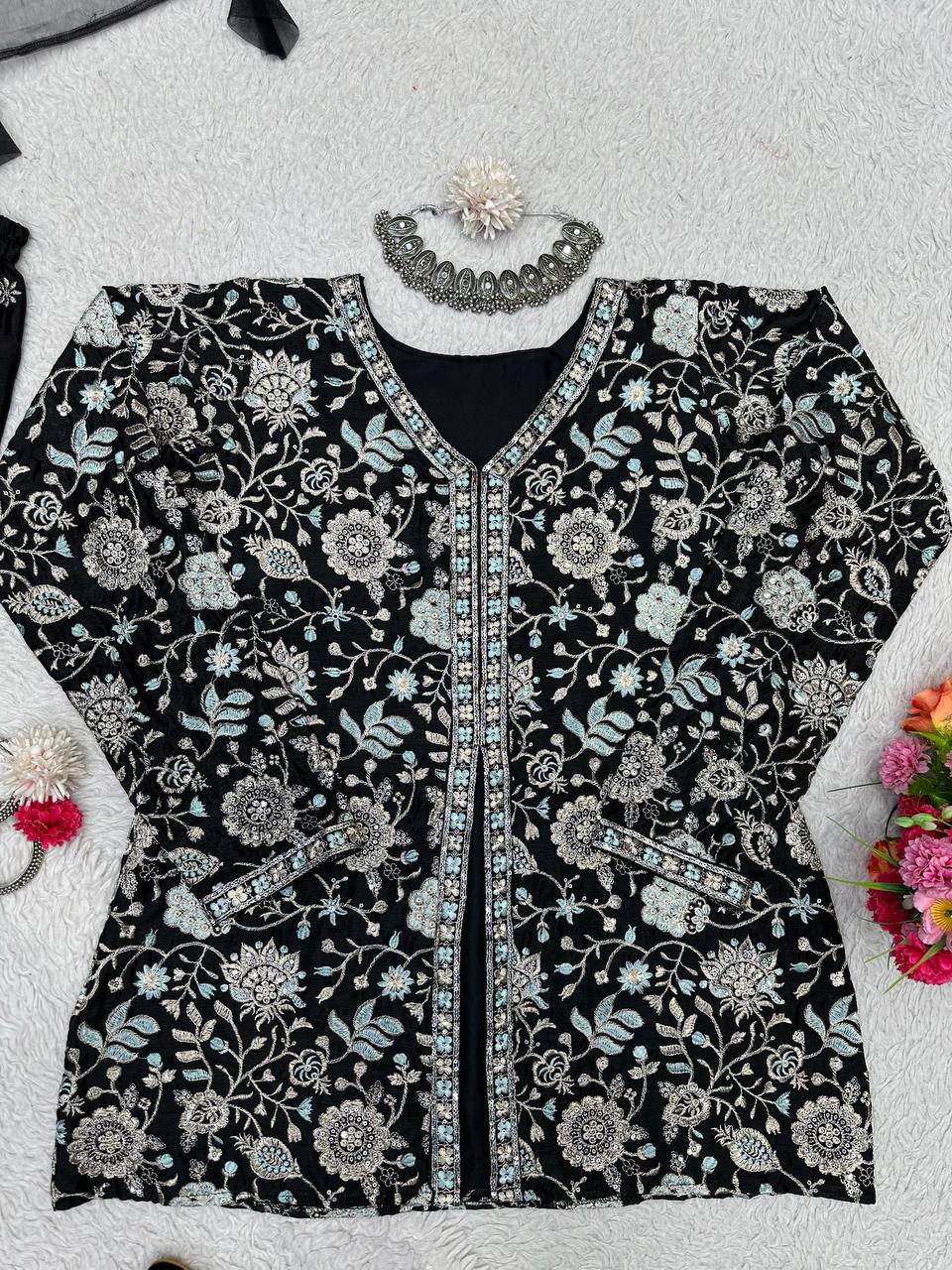 Awesome Black Color Wedding Wear Chinon Silk Sequence Work Sharara Suit