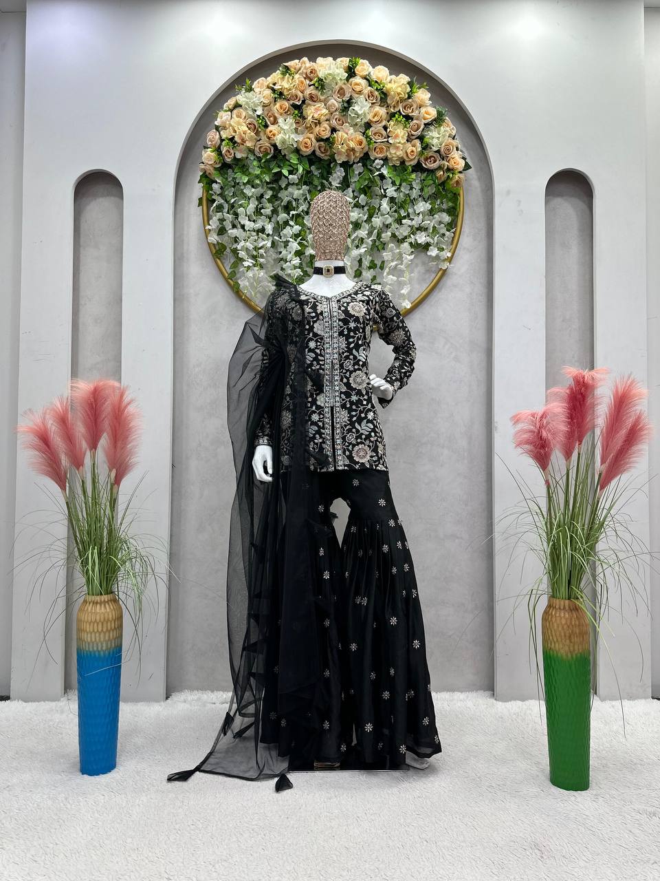 Awesome Black Color Wedding Wear Chinon Silk Sequence Work Sharara Suit