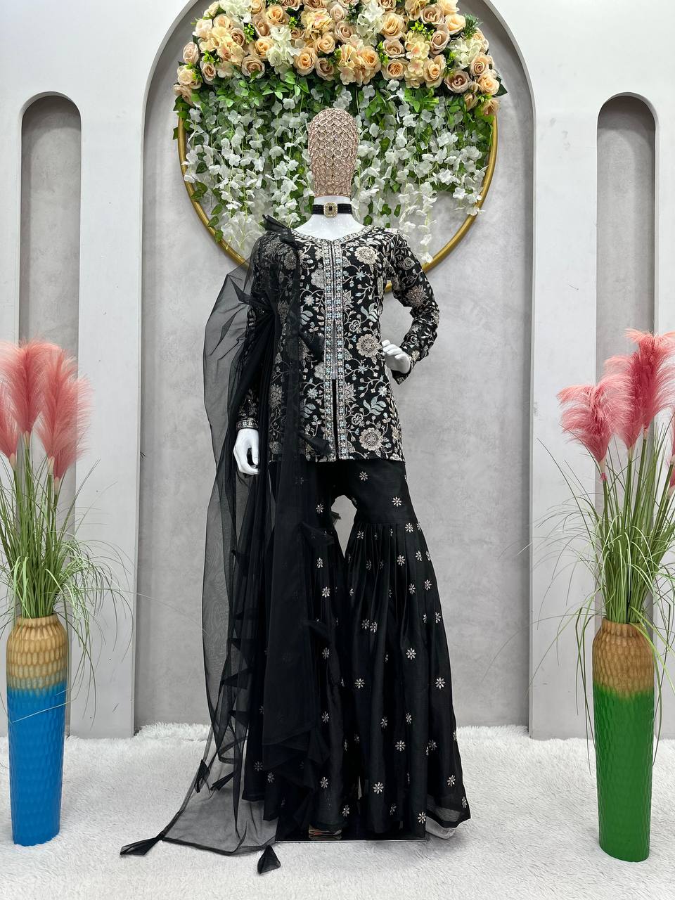 Awesome Black Color Wedding Wear Chinon Silk Sequence Work Sharara Suit