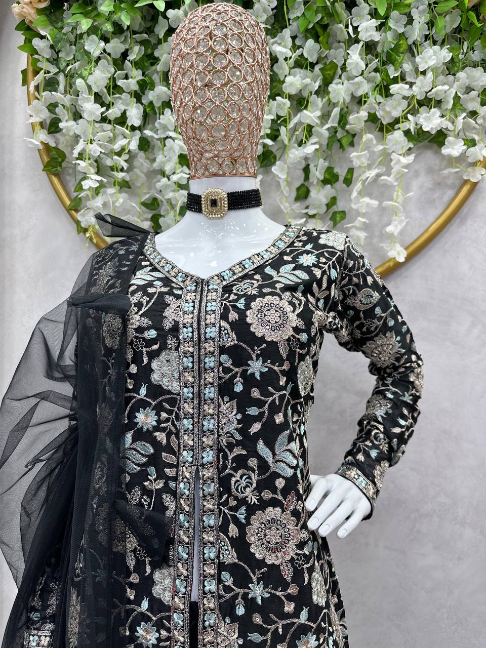 Awesome Black Color Wedding Wear Chinon Silk Sequence Work Sharara Suit