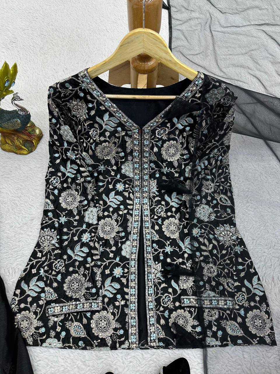 Awesome Black Color Wedding Wear Chinon Silk Sequence Work Sharara Suit