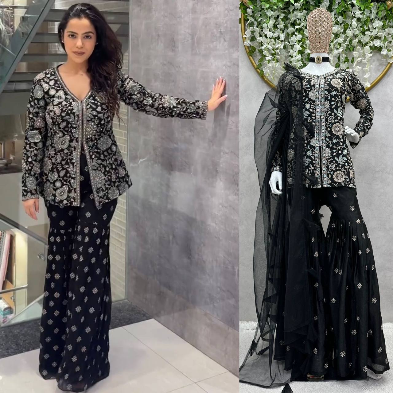 Awesome Black Color Wedding Wear Chinon Silk Sequence Work Sharara Suit