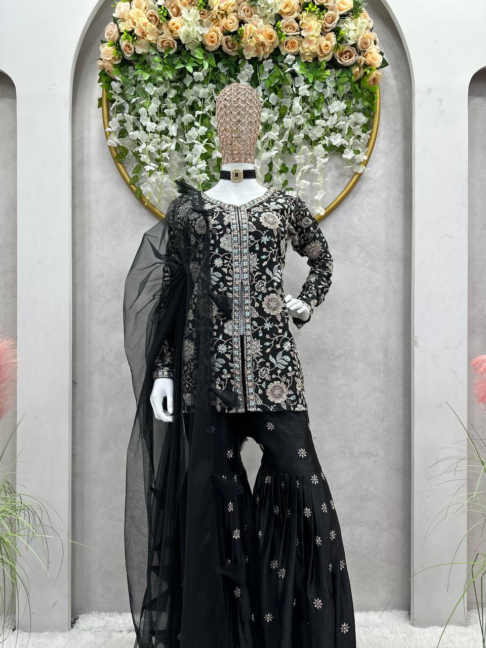 Awesome Black Color Wedding Wear Chinon Silk Sequence Work Sharara Suit