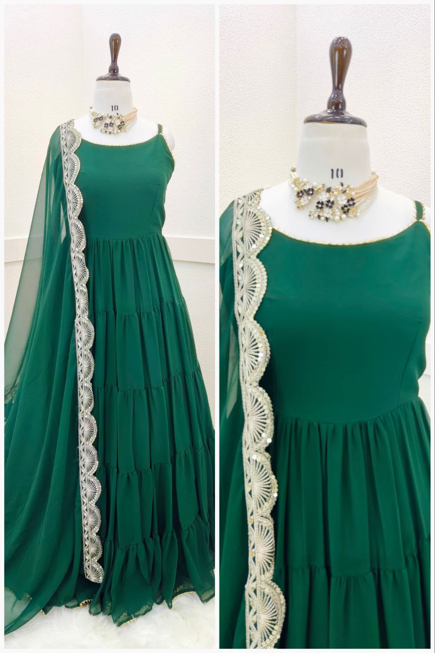 Unique Georgette Ruffle Lace Work Ready Made Gown Dupatta