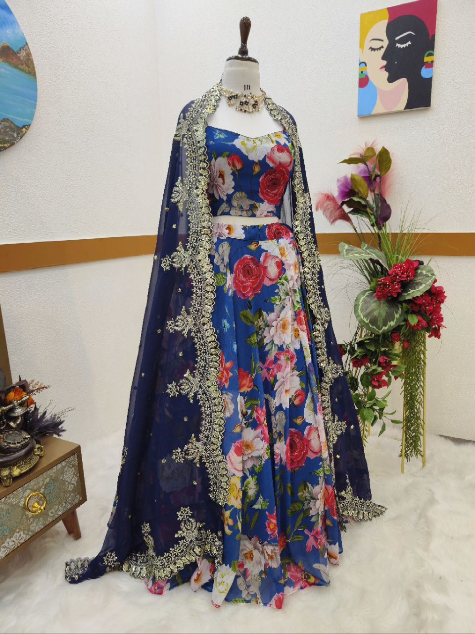 Blue Color Printed Designer Georgette Lehenga Choli For Women