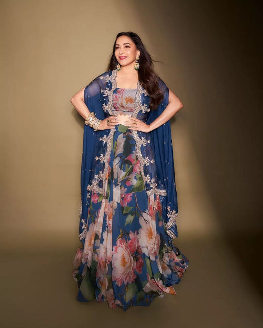 Blue Color Printed Designer Georgette Lehenga Choli For Women