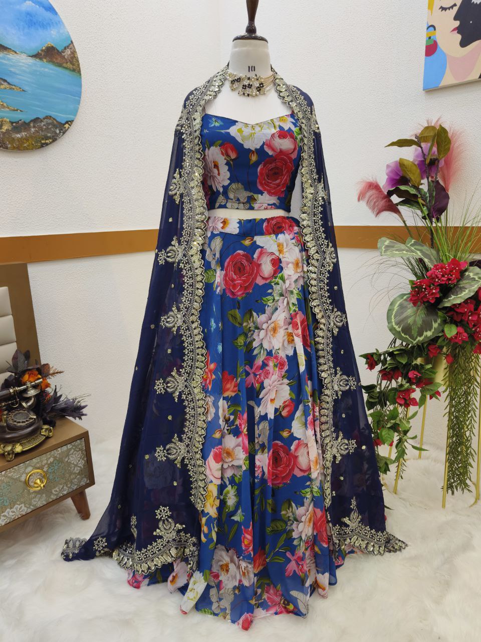 Blue Color Printed Designer Georgette Lehenga Choli For Women