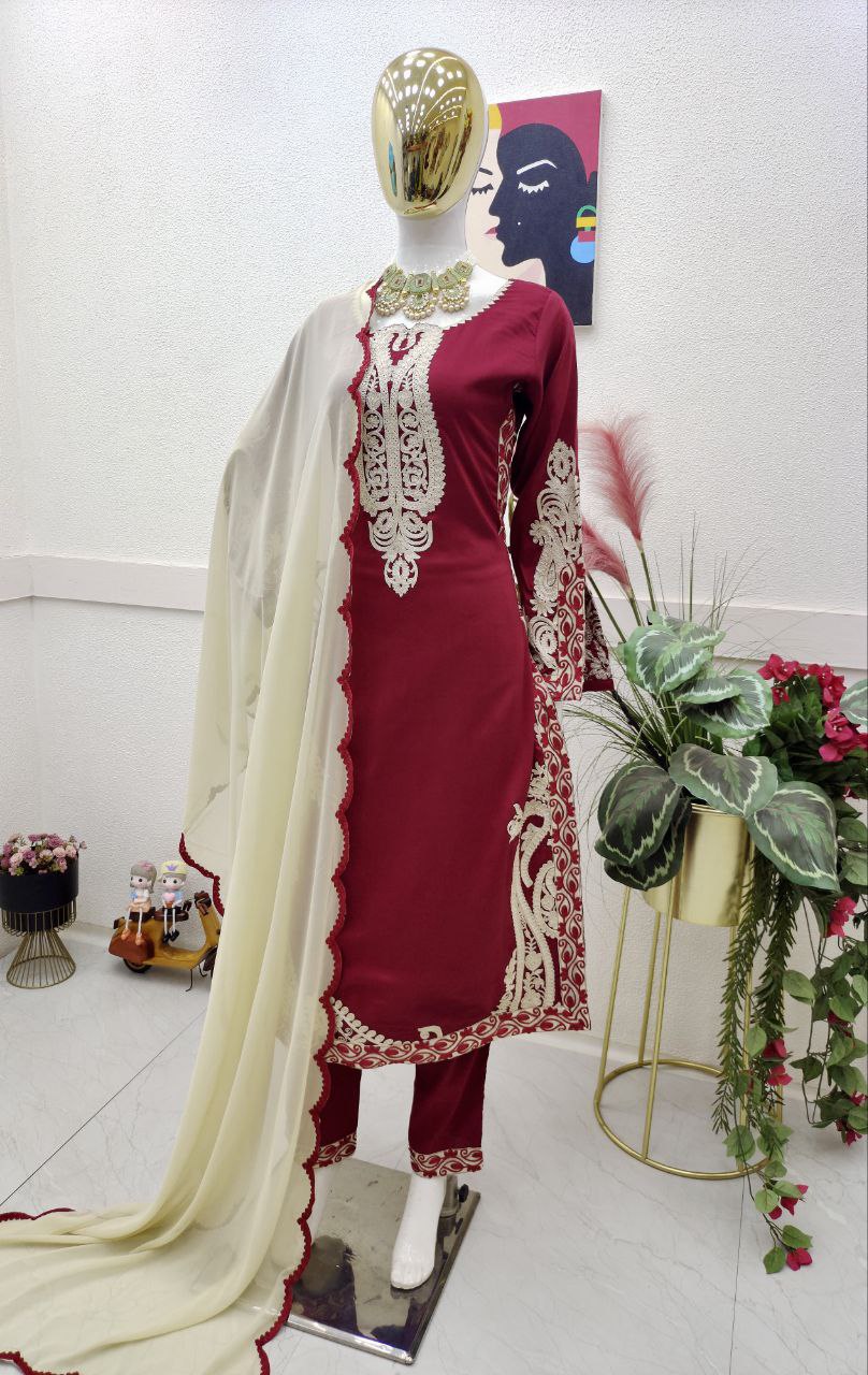 Decent Maroon Color Embroidered Work Ready Made Cotton Salwar Suit