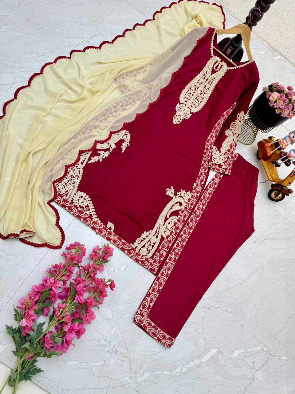 Decent Maroon Color Embroidered Work Ready Made Cotton Salwar Suit