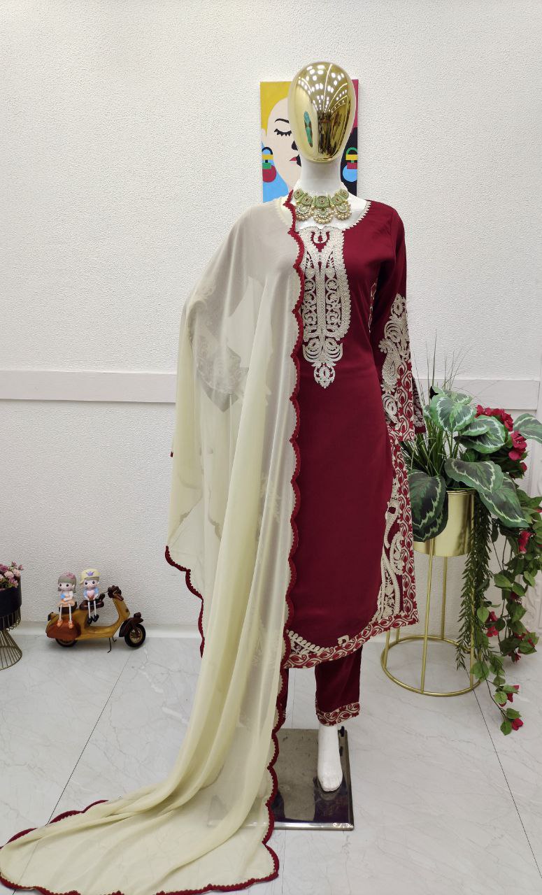 Decent Maroon Color Embroidered Work Ready Made Cotton Salwar Suit