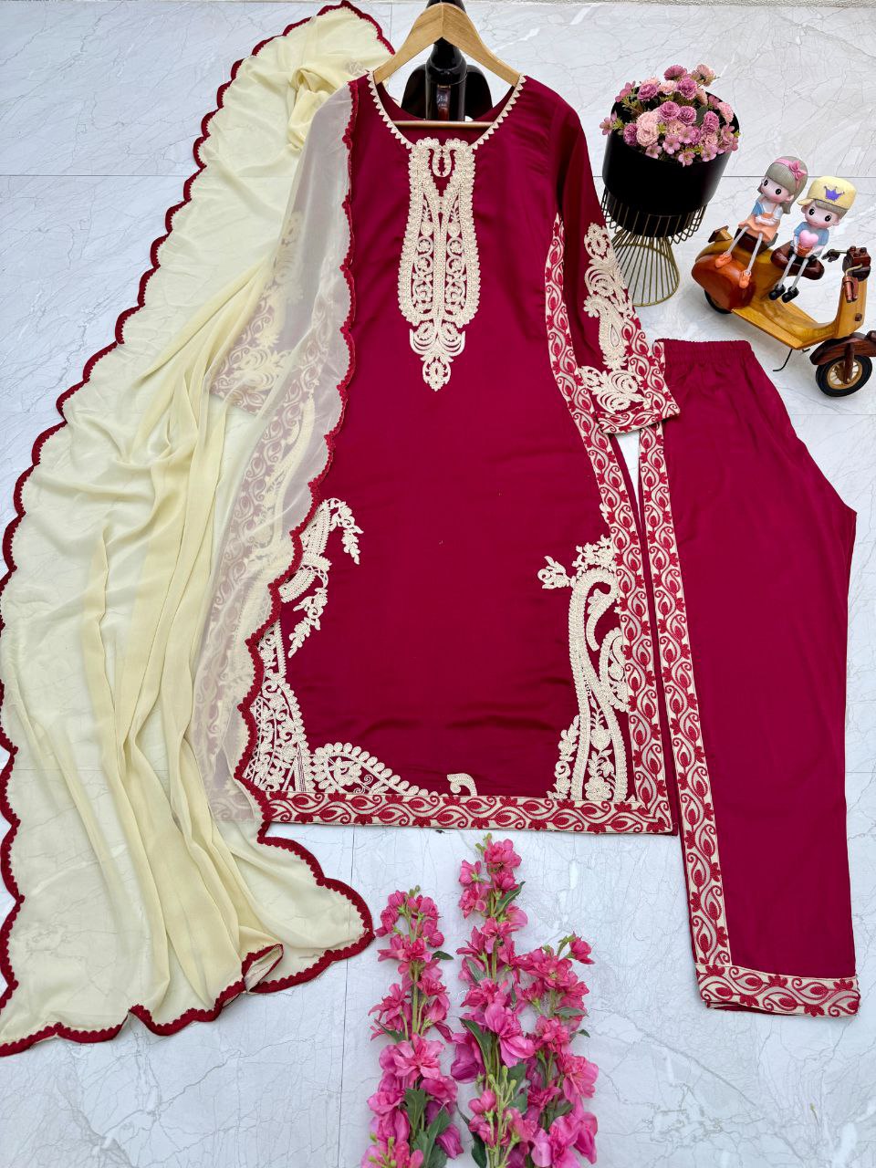 Decent Maroon Color Embroidered Work Ready Made Cotton Salwar Suit