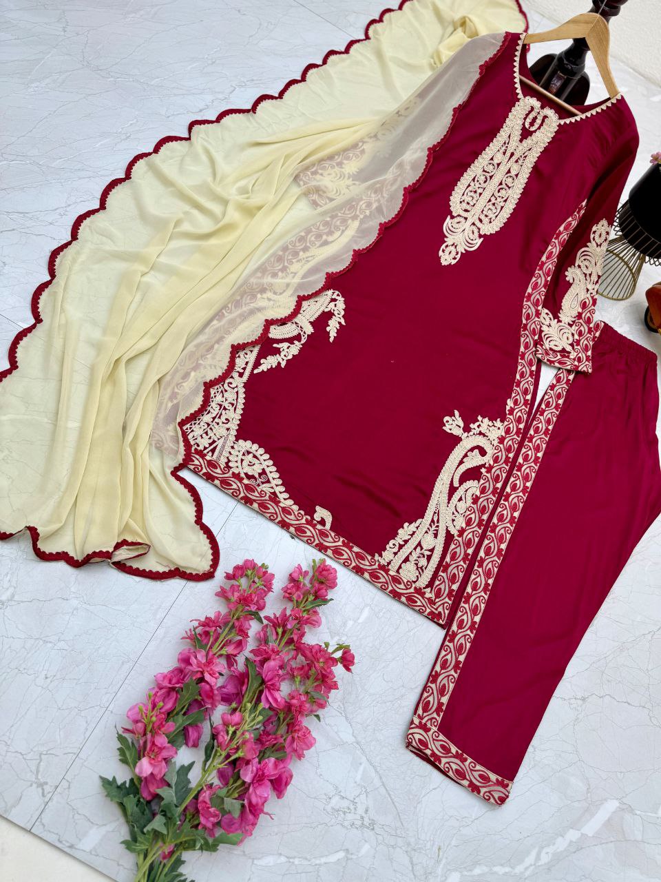 Decent Maroon Color Embroidered Work Ready Made Cotton Salwar Suit