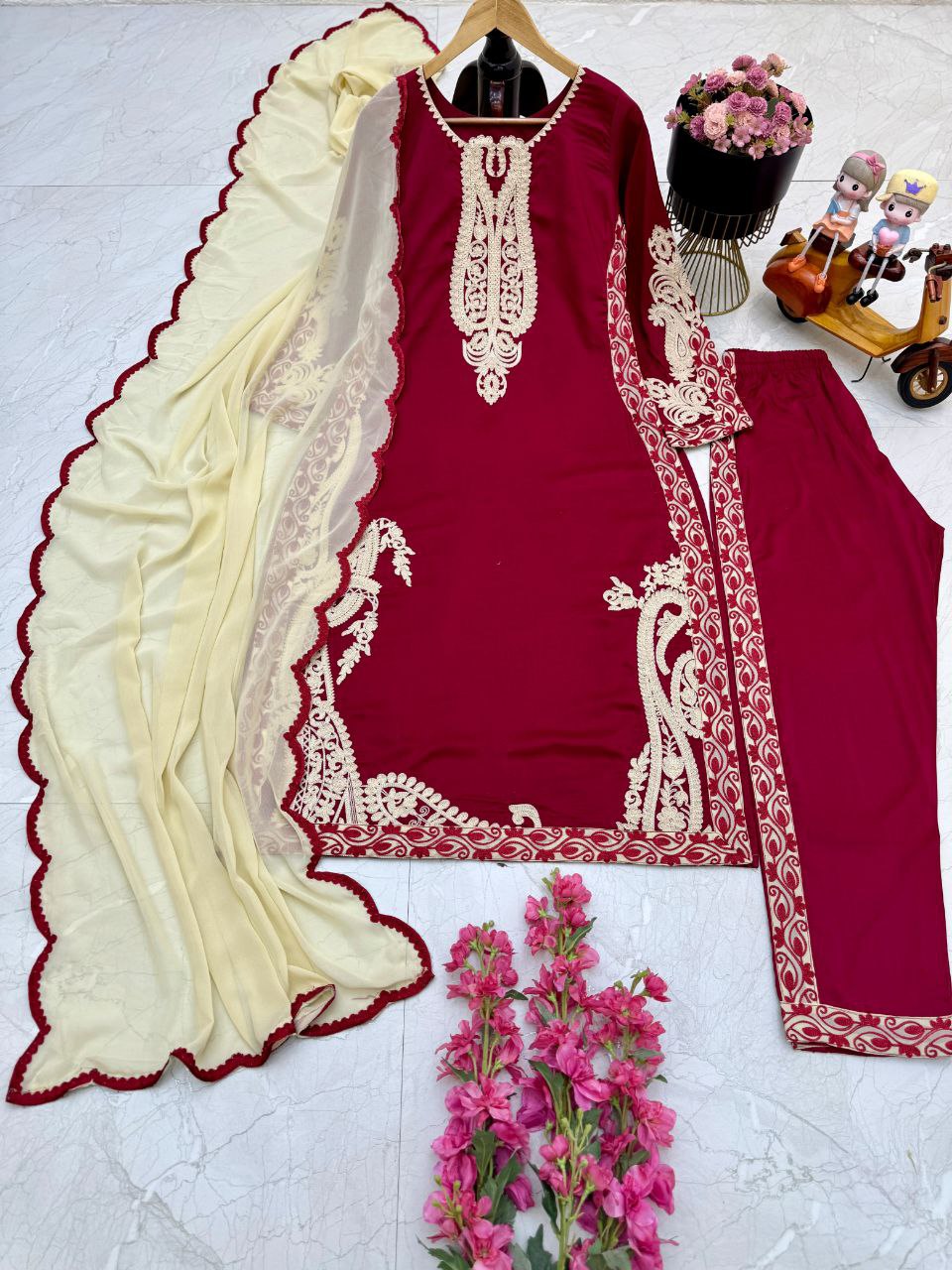 Decent Maroon Color Embroidered Work Ready Made Cotton Salwar Suit