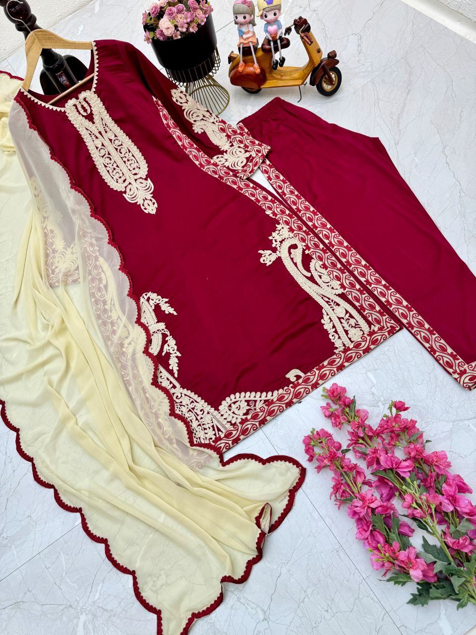 Decent Maroon Color Embroidered Work Ready Made Cotton Salwar Suit