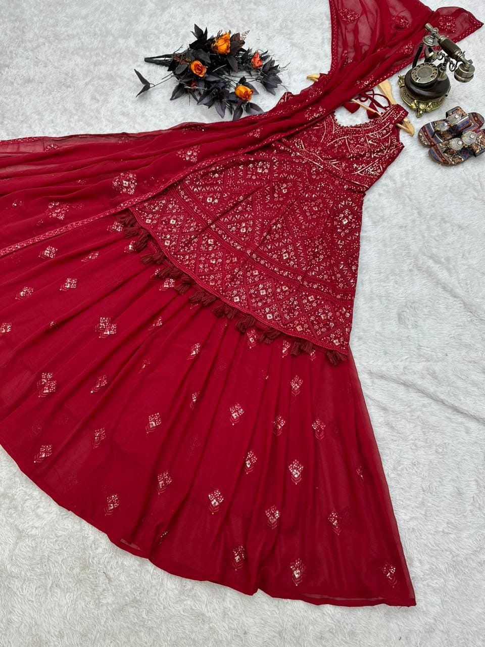 Fantastic Red Color Ready Made Georgette Embroidered Work Indo Western Suit