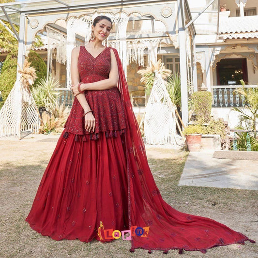 Fantastic Red Color Ready Made Georgette Embroidered Work Indo Western Suit