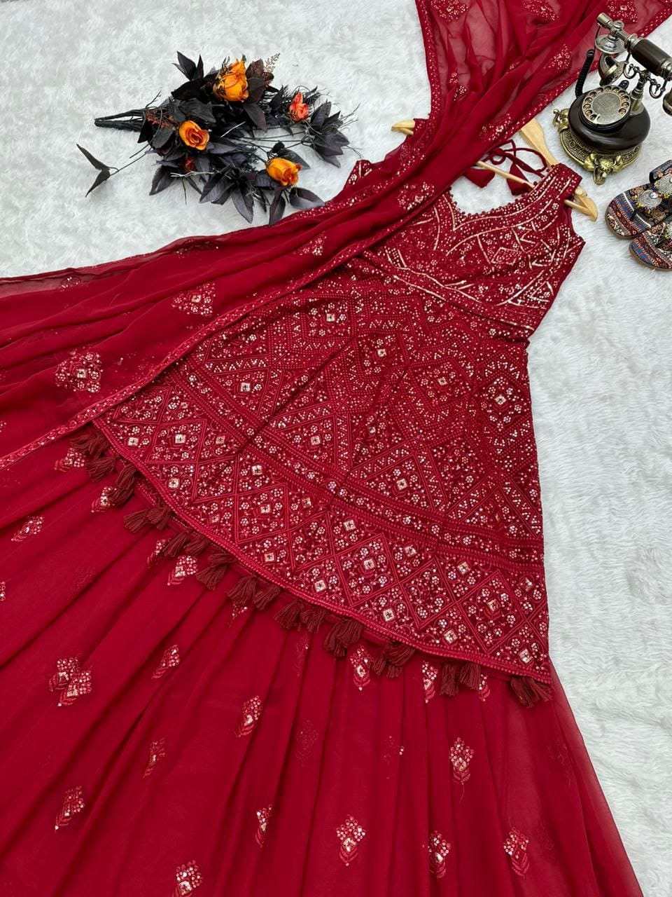 Fantastic Red Color Ready Made Georgette Embroidered Work Indo Western Suit