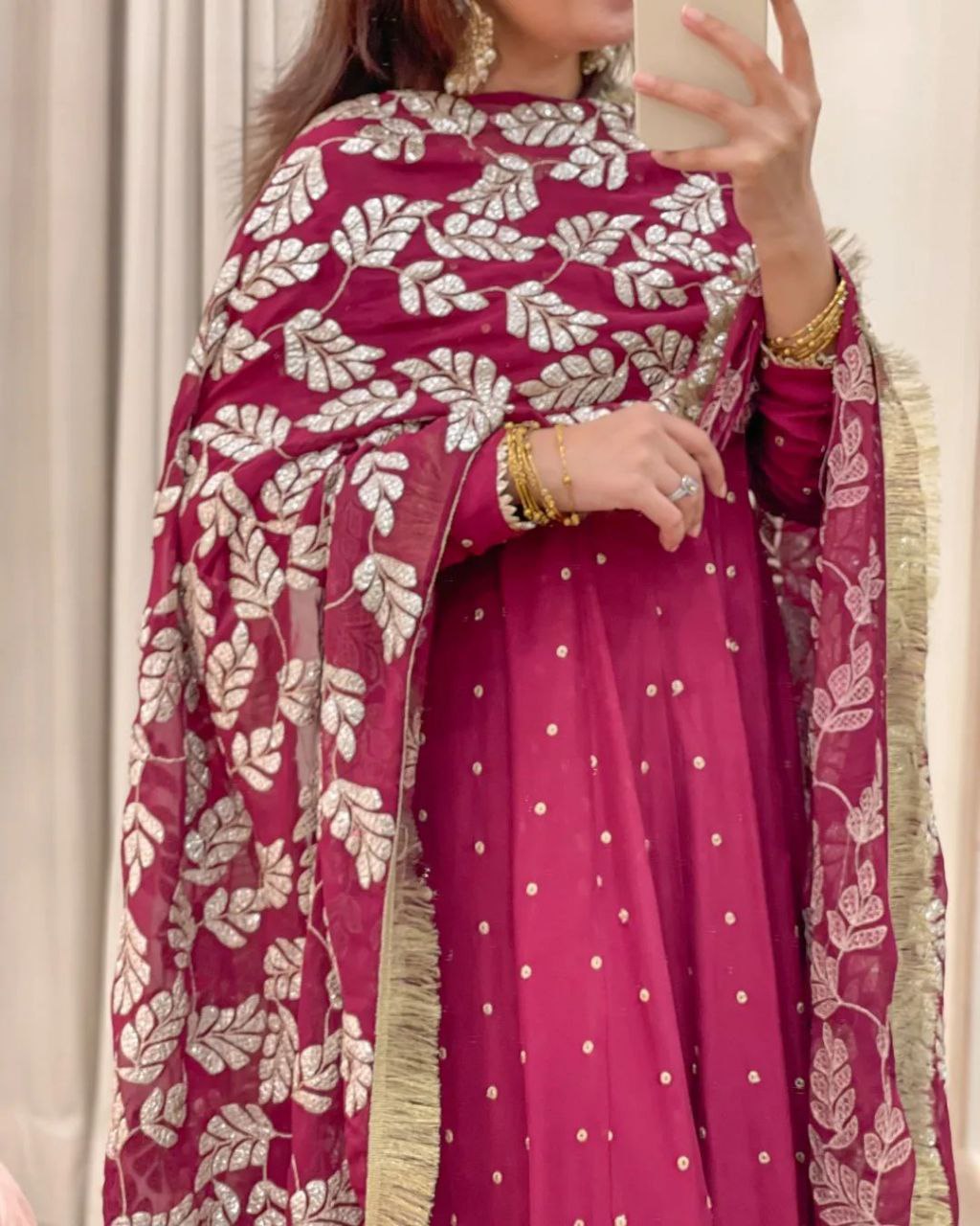 Attractive Maroon Color Georgette Ready Made Sequence Embroidered Work Gown Dupatta