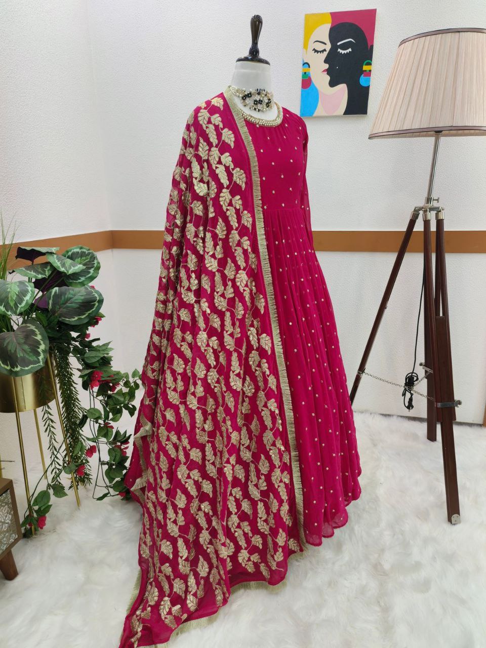 Refreshing Maroon Color Georgette Ready Made Sequence Work Gown Dupatta