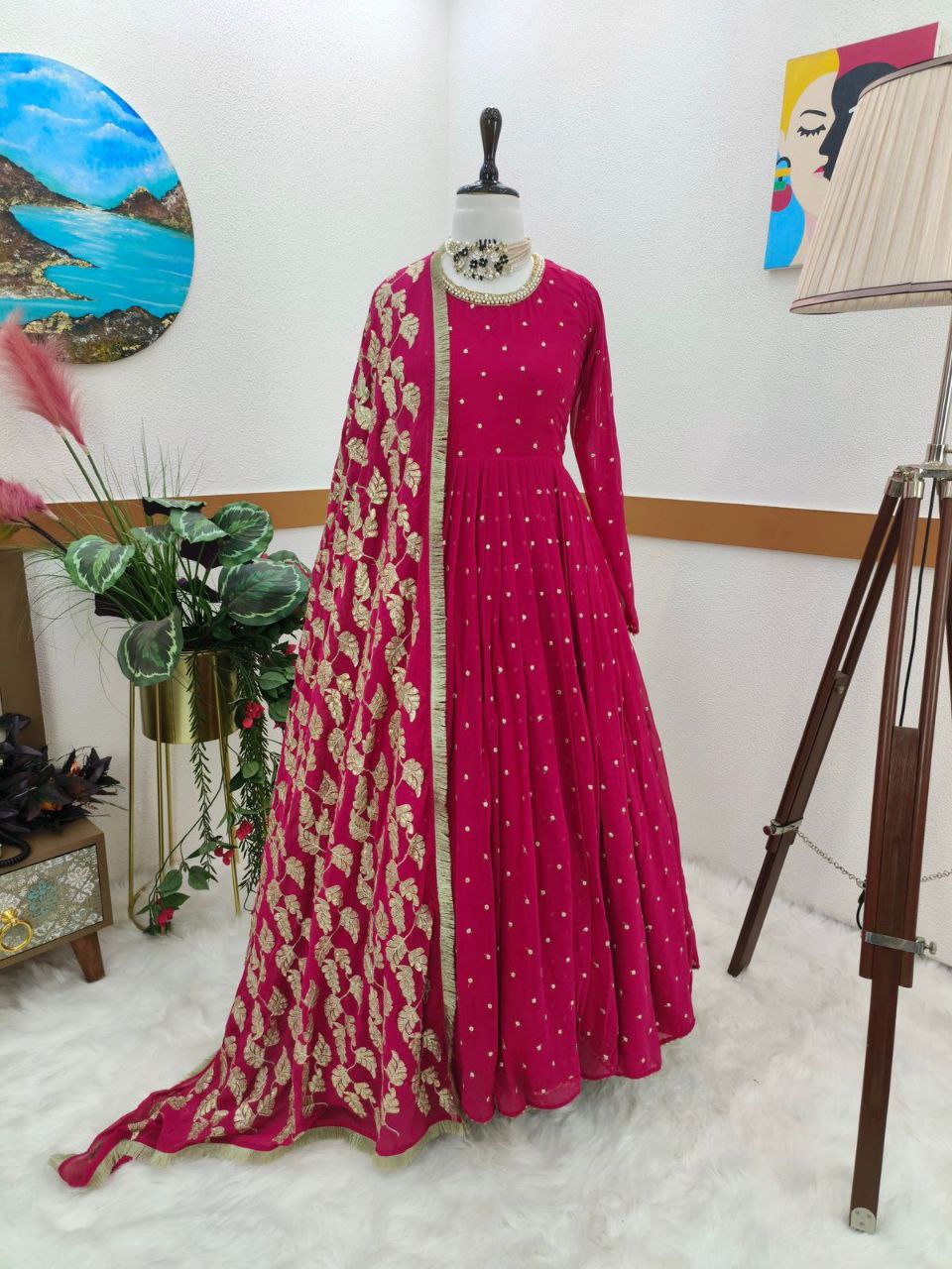 Refreshing Maroon Color Georgette Ready Made Sequence Work Gown Dupatta