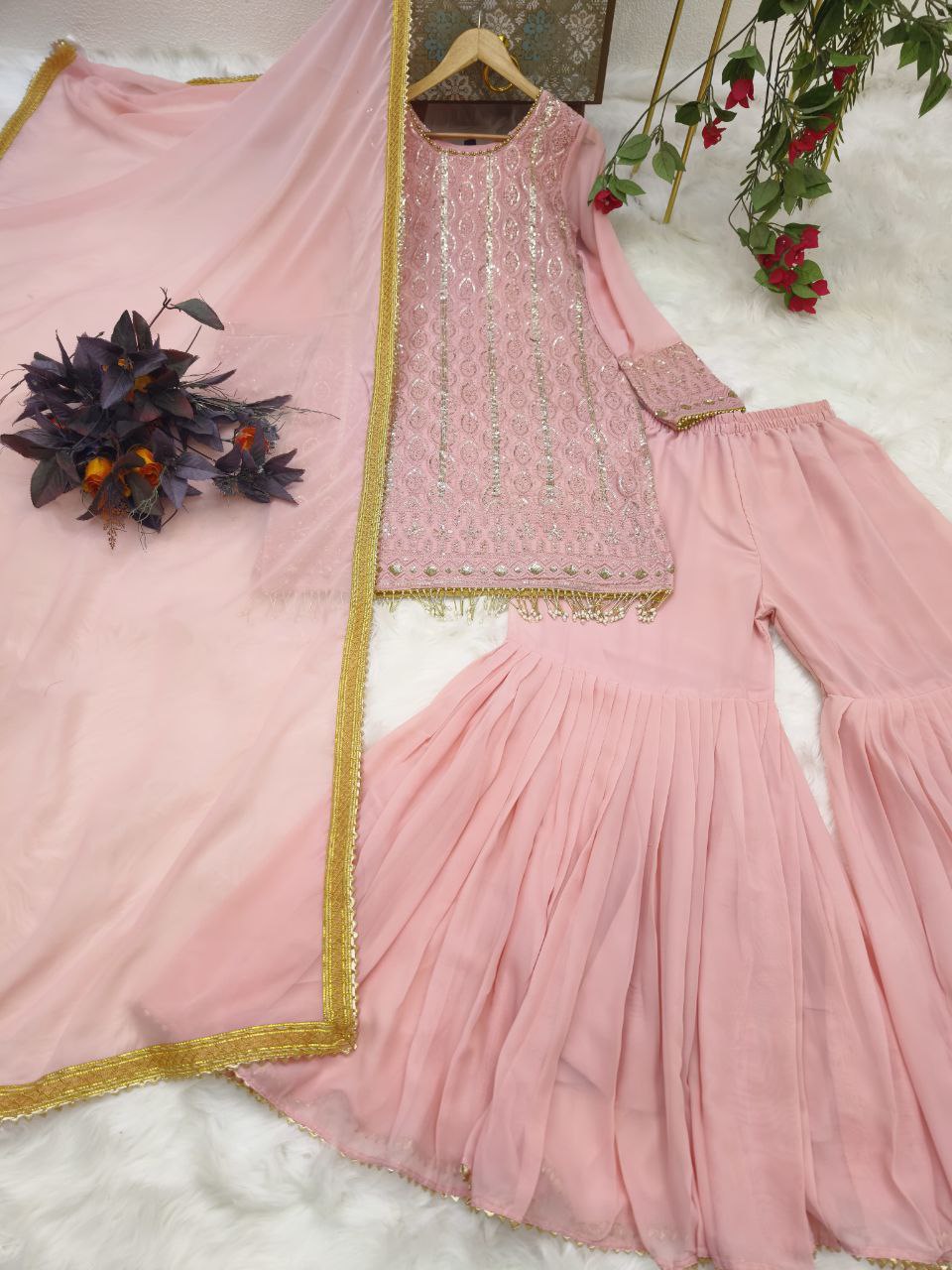 Trendy Peach Color Georgette Embroidered Work Ready Made Salwar Suit