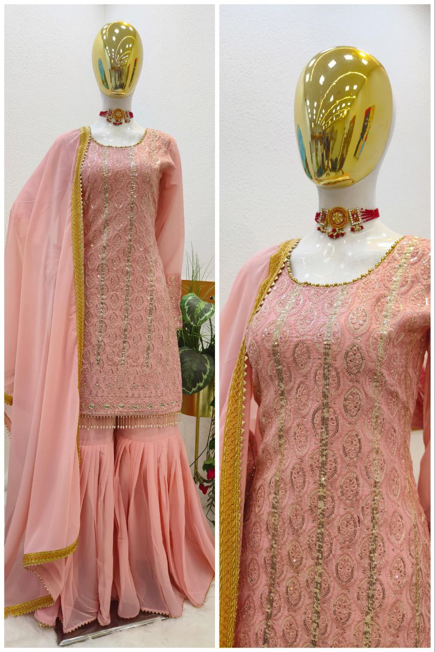 Trendy Peach Color Georgette Embroidered Work Ready Made Salwar Suit