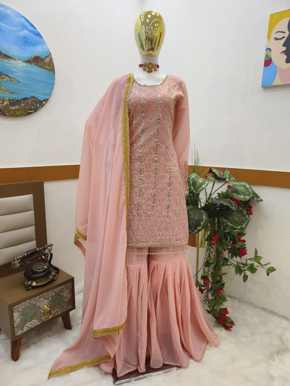 Trendy Peach Color Georgette Embroidered Work Ready Made Salwar Suit