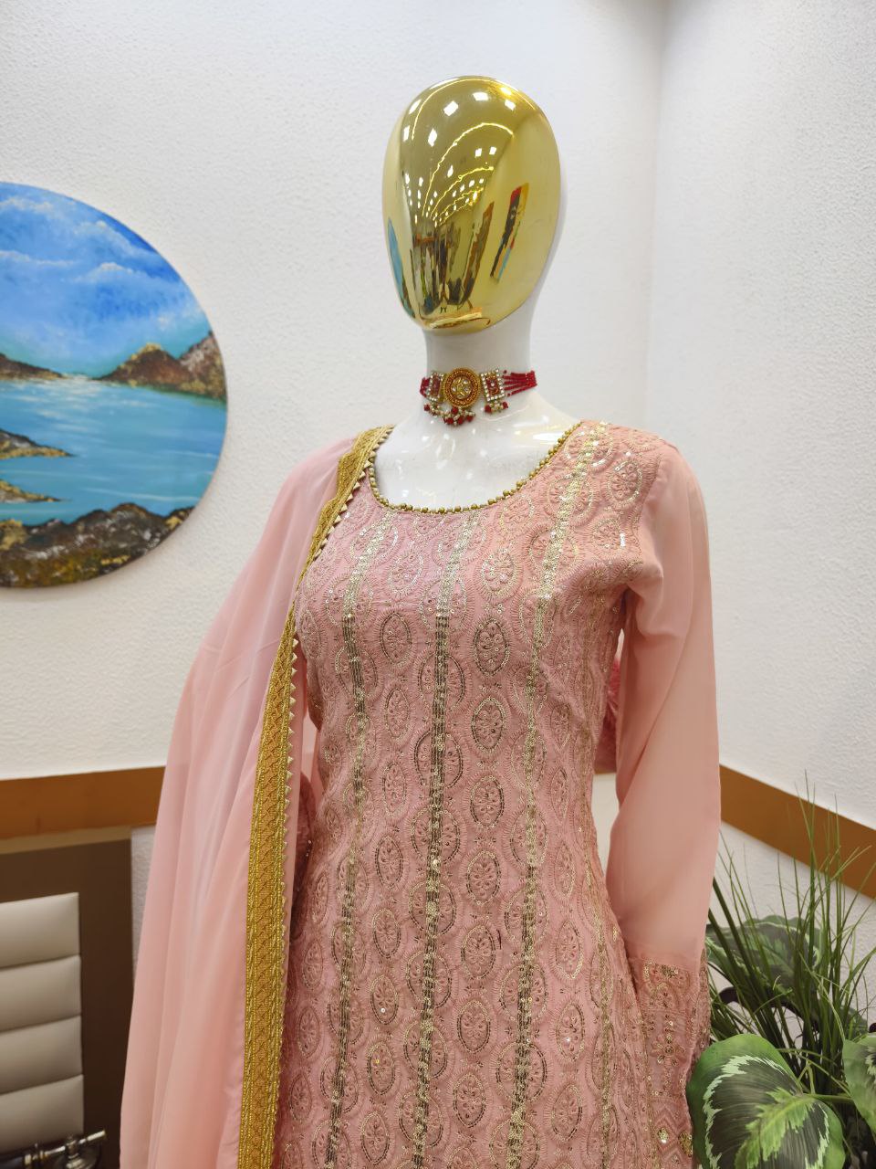 Trendy Peach Color Georgette Embroidered Work Ready Made Salwar Suit