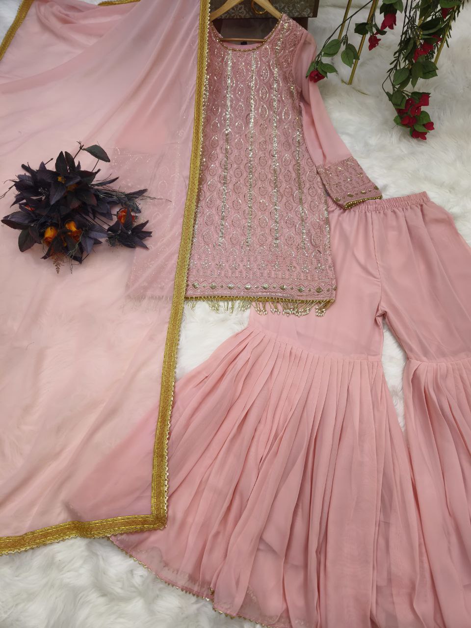 Trendy Peach Color Georgette Embroidered Work Ready Made Salwar Suit