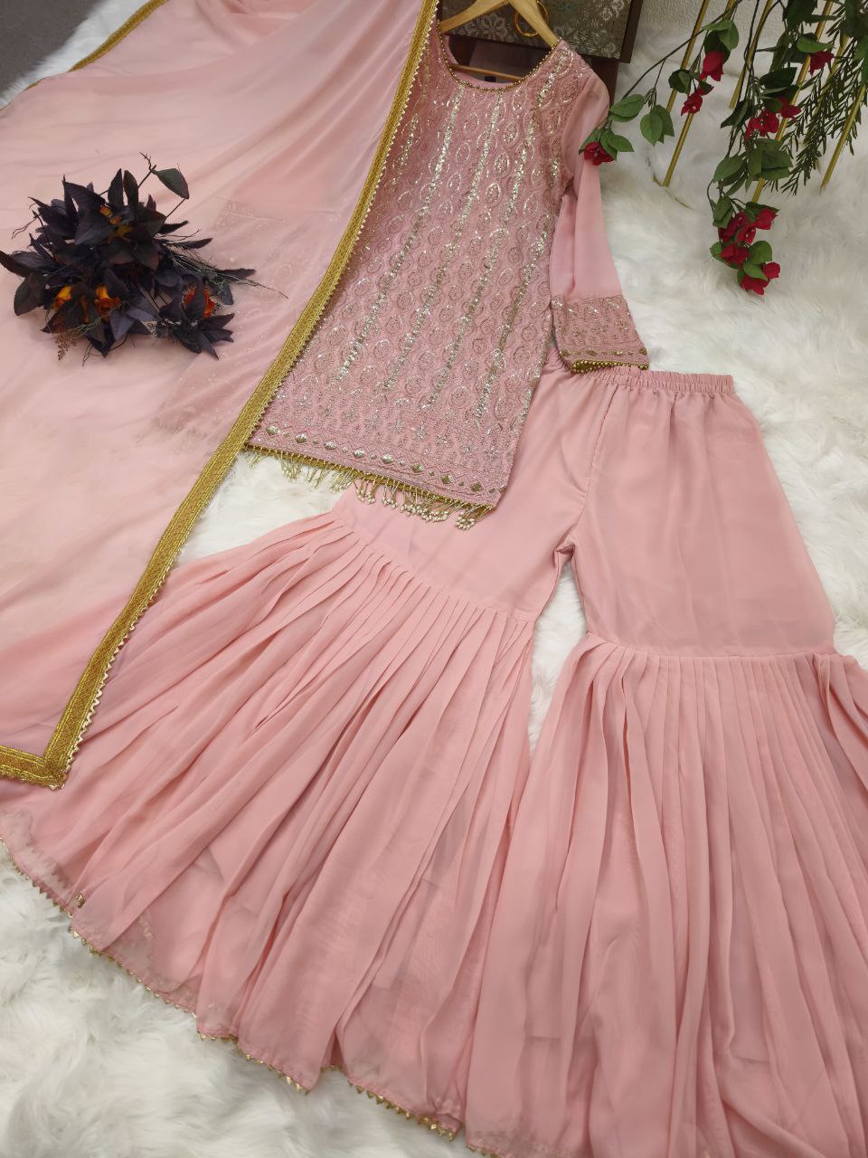 Trendy Peach Color Georgette Embroidered Work Ready Made Salwar Suit