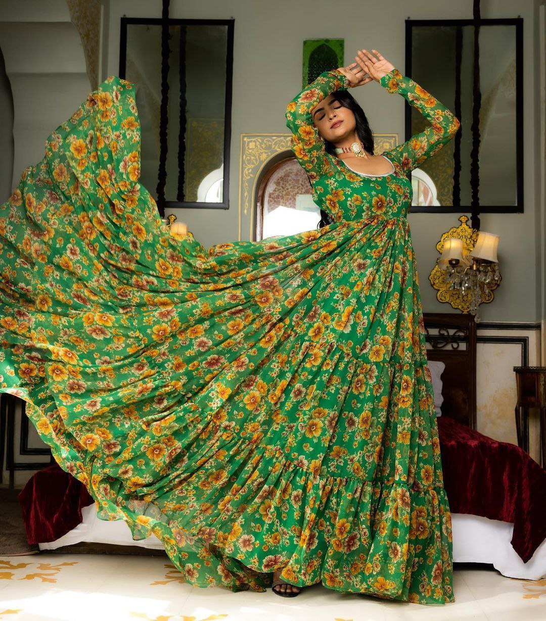Preferable Green Color Georgette Printed Ruffle Work Gown Dupatta
