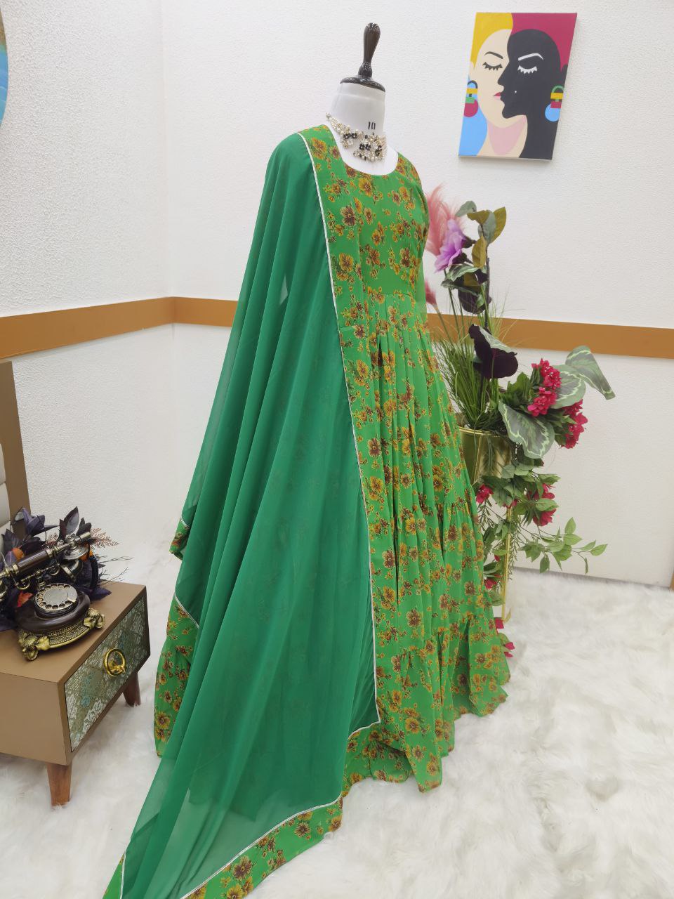 Preferable Green Color Georgette Printed Ruffle Work Gown Dupatta