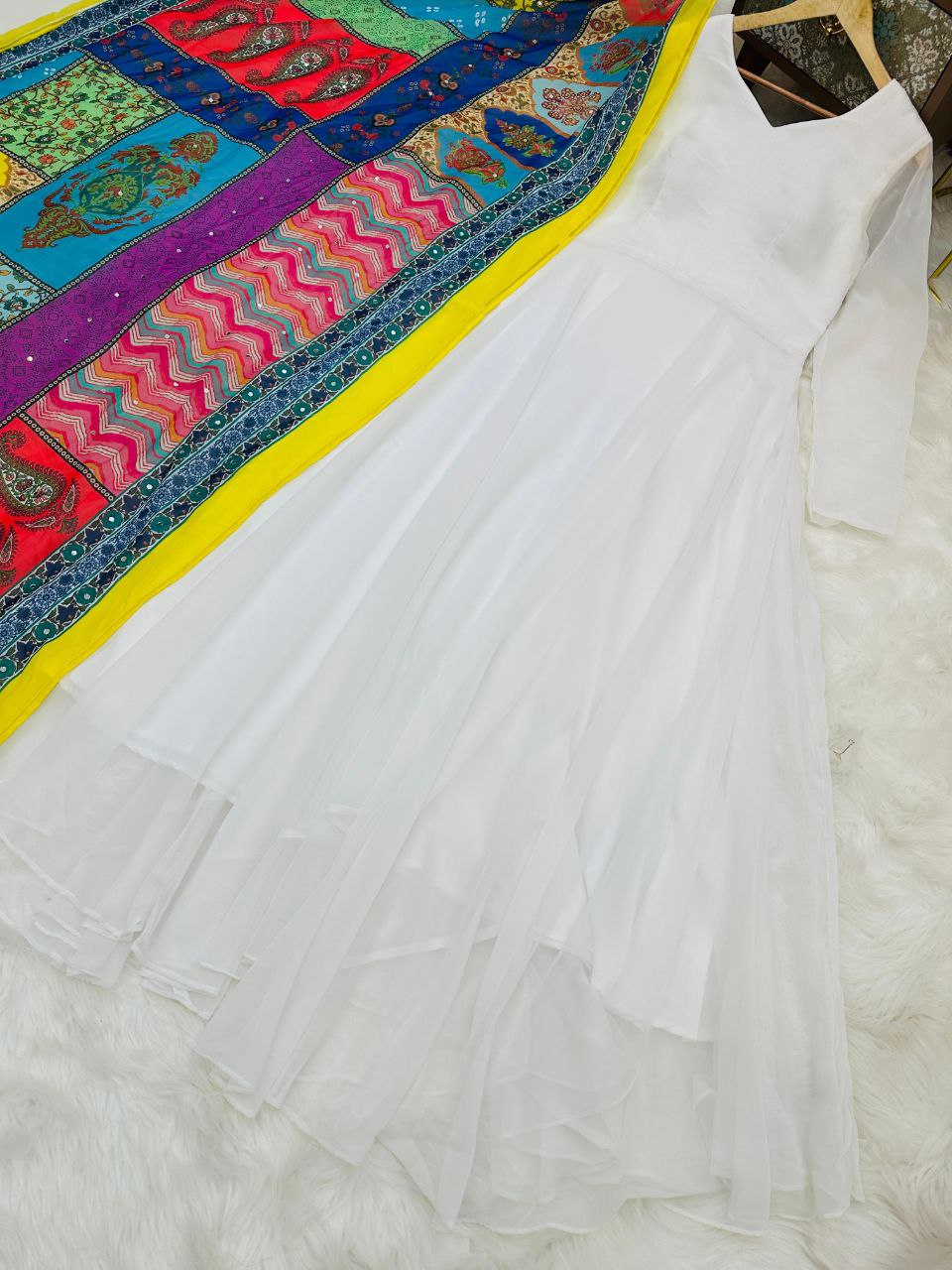 Party Wear White Color Georgette Ready Made Gown Dupatta
