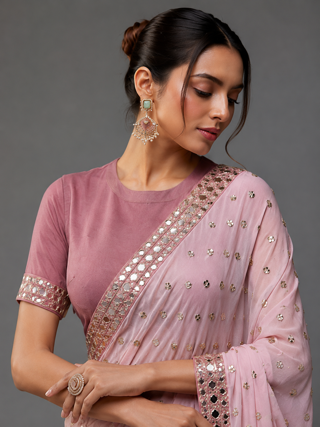 Premium Faux Georgette Saree with 5mm Sequins Butti & Mirror Lace Border