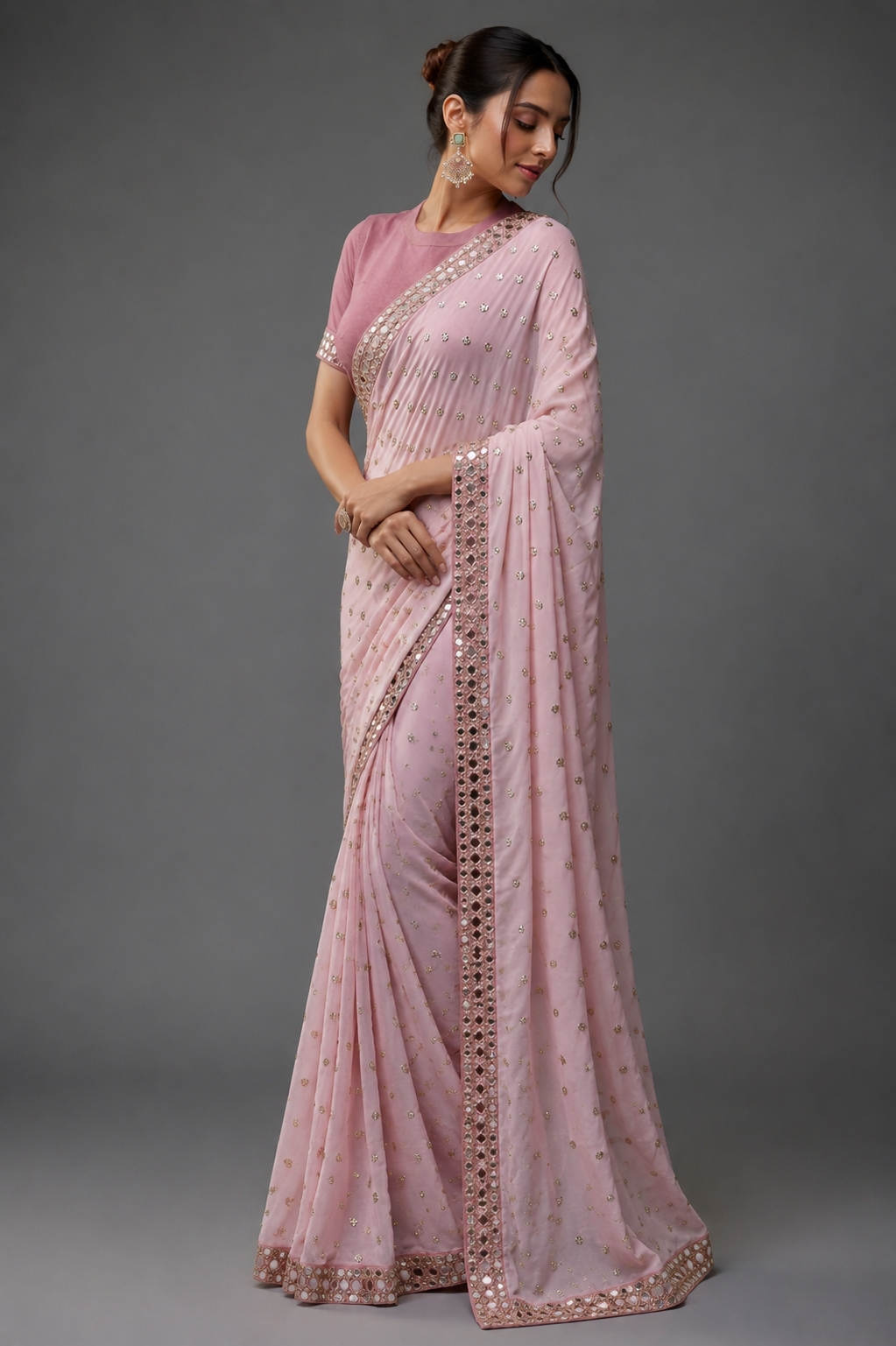 Premium Faux Georgette Saree with 5mm Sequins Butti & Mirror Lace Border