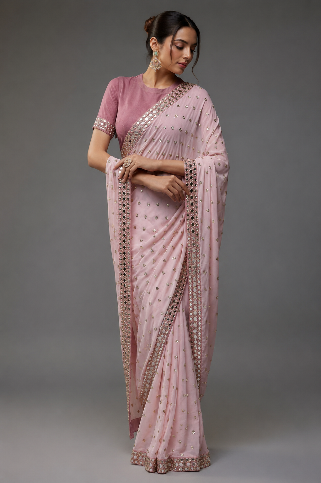 Premium Faux Georgette Saree with 5mm Sequins Butti & Mirror Lace Border