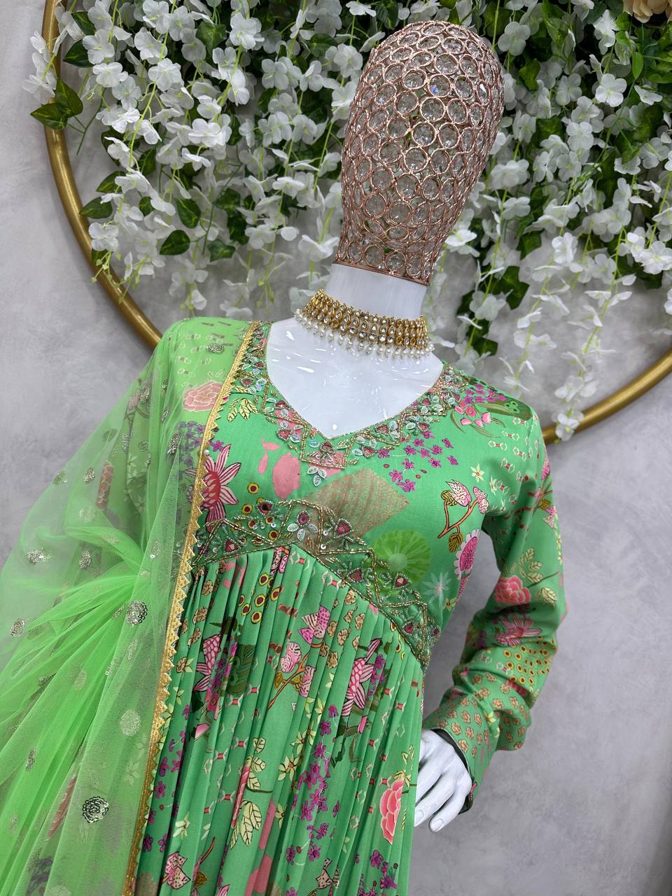 Stunning Digital Printed Hand Work Muslin Cotton Gown Dupatta