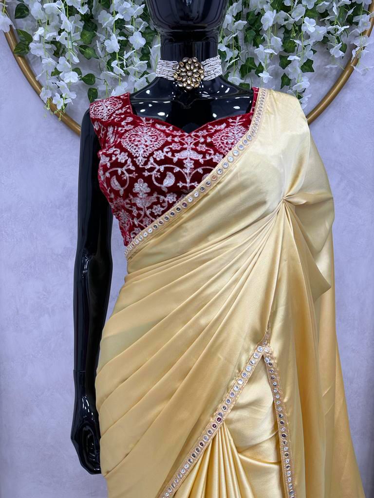 Designer Saree On Japan Satin with work and Blouse on Velvet Fabric With Thread work